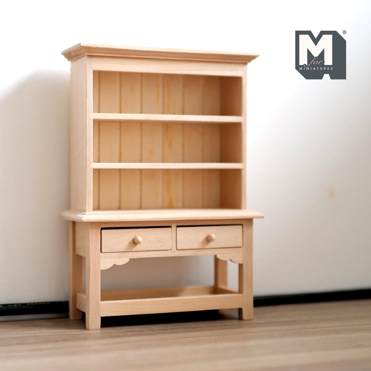 1:12 Scale Miniature Unpainted Kitchen Hutch, Plate Rack Shelves, 2 Drawers, 5-3/4 inch tall, DIY Dollhouse Supply (wood)