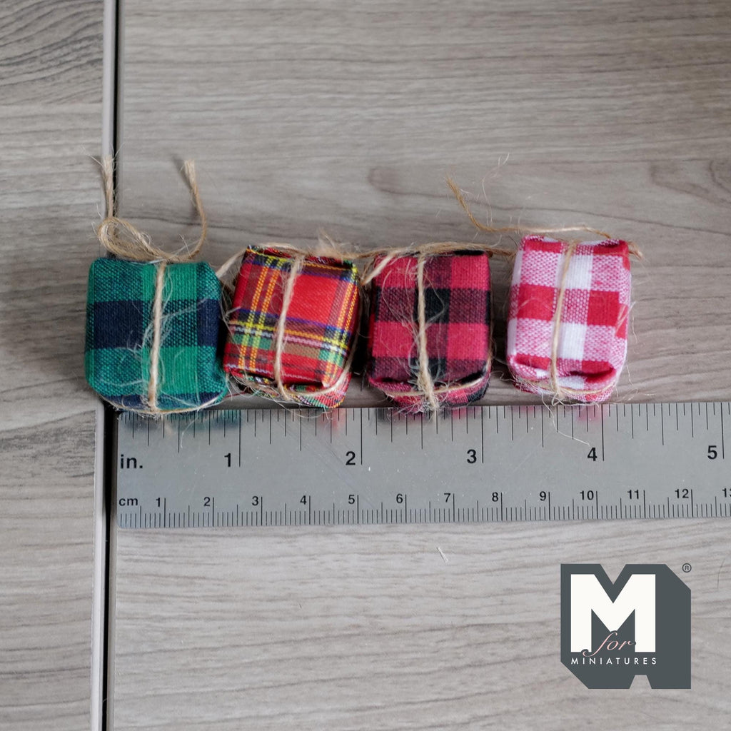 1:12 Scale Miniature Large Wrapped Gift Boxes, Set of 4, Plaid Fabric with Twine, 15/16 inch wide, DIY Dollhouse Supply