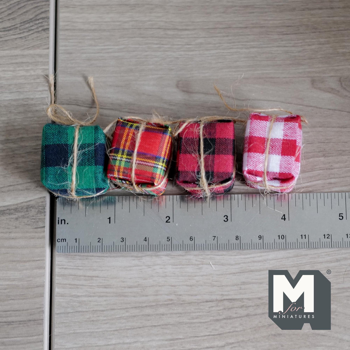 1:12 Scale Miniature Large Wrapped Gift Boxes, Set of 4, Plaid Fabric with Twine, 15/16 inch wide, DIY Dollhouse Supply