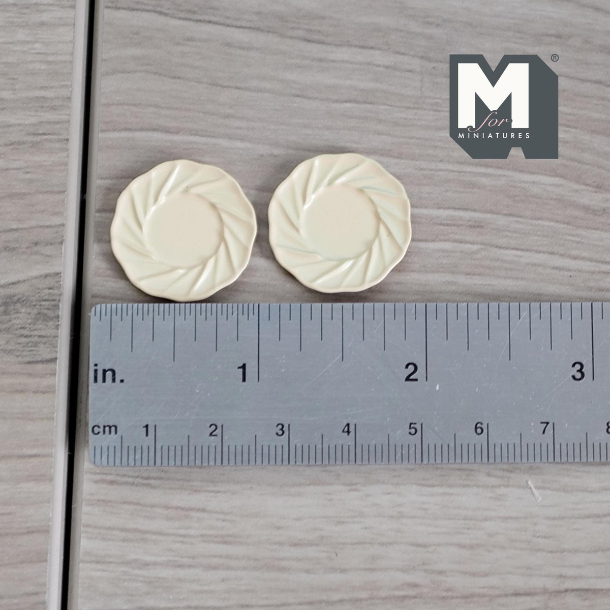 1:12 Scale Miniature Metal Dining Plates, Swirl Embossed Rim, Set of 2, 7/8 inch dia., DIY Dollhouse Supply (beige) (L)