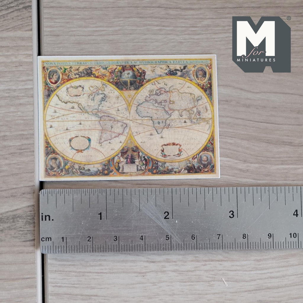 1:12 Scale Miniature World Map Print, Two Hemispheres, 2-3/4 inch wide, DIY Dollhouse Supply (cardstock)