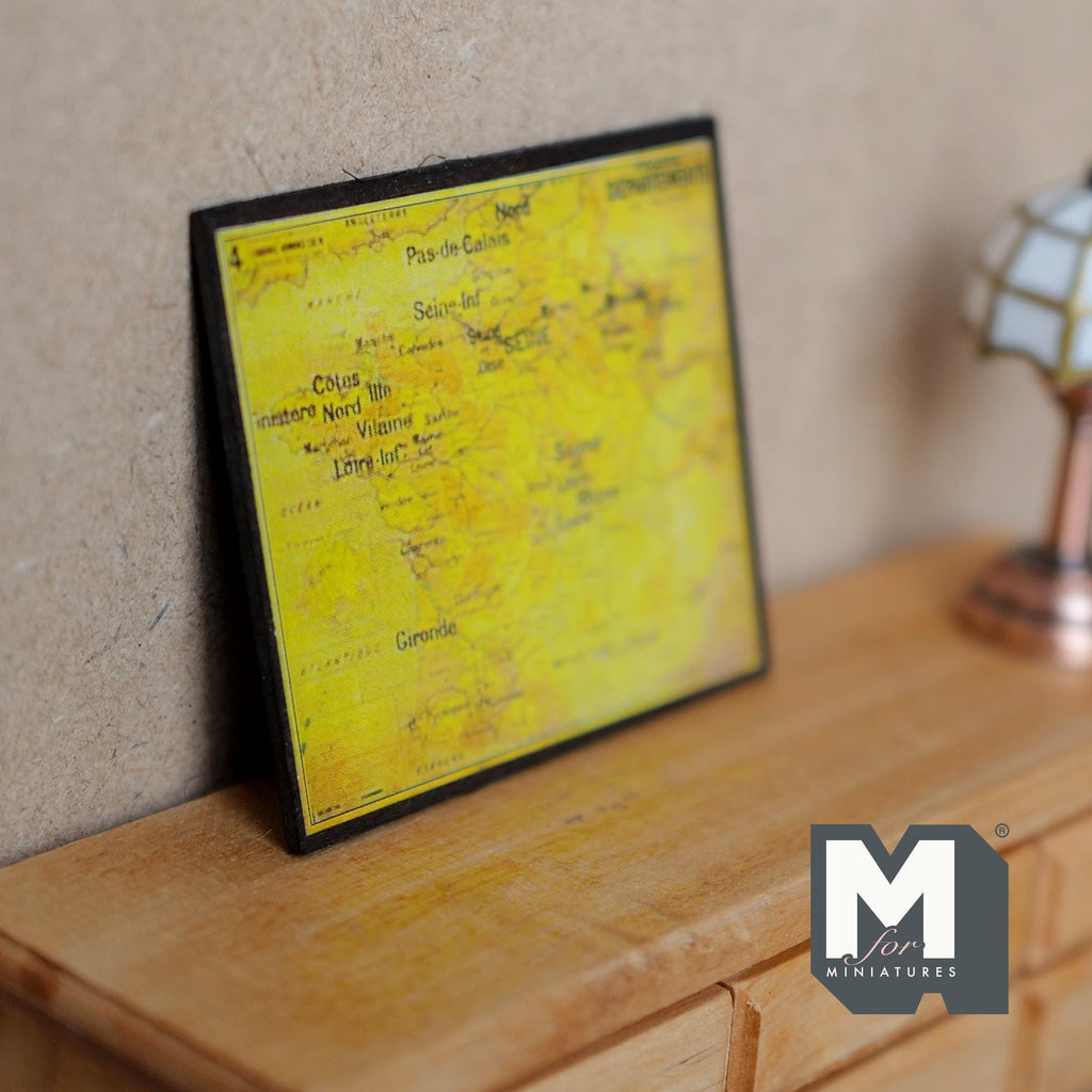 1:12 Scale Miniature Map of France in Black Frame, 2-7/16 inch wide, DIY Dollhouse Supply