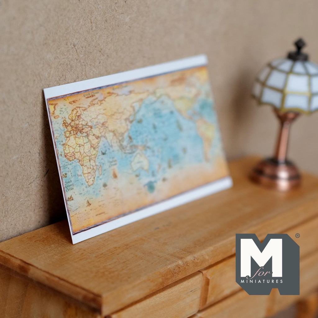 1:12 Scale Miniature World Map Print, 3-1/4 inch wide, DIY Dollhouse Supply (cardstock)
