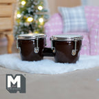 1:12 scale miniature bongo drums in dark brown with white heads and silver rims, shown on a white fluffy rug