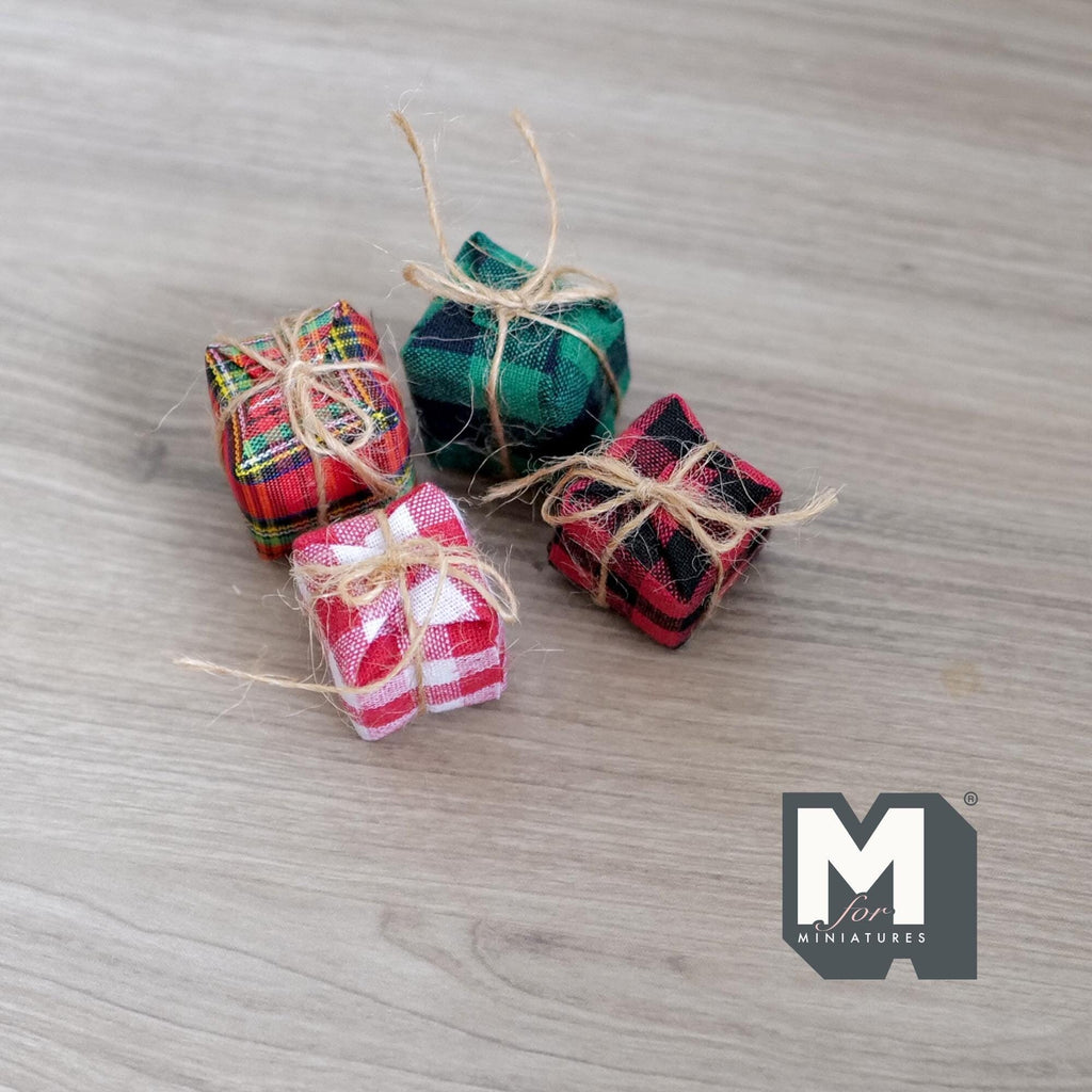 1:12 Scale Miniature Large Wrapped Gift Boxes, Set of 4, Plaid Fabric with Twine, 15/16 inch wide, DIY Dollhouse Supply