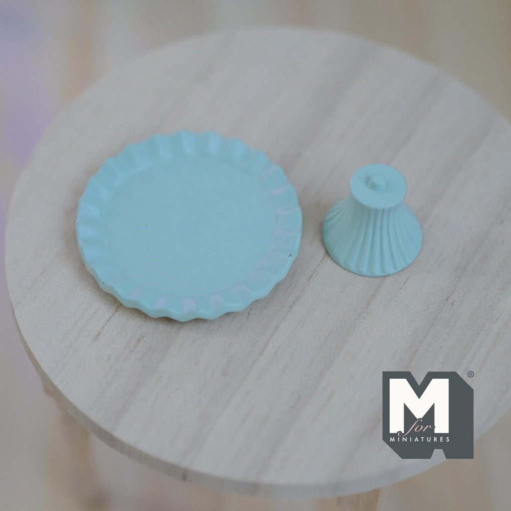 1:12 Scale Miniature Pedestal Cake Stand, Fluted Rim, 11/16 inch tall, DIY Dollhouse Supply (metal) (light green)
