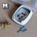 1:12 scale miniature cat litter box with lid and scoop in white and blue gray, shown filled with litter beside a toy cat