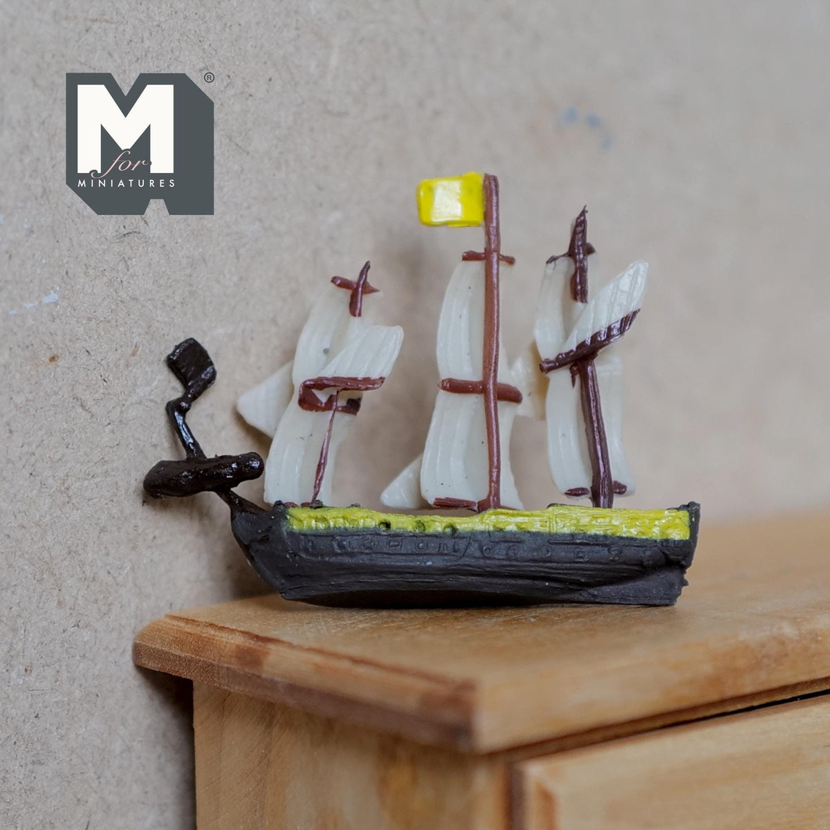 1:12 Scale Miniature Sailing Ship Model, 1-13/16 inch long, DIY Dollhouse Supply (black and yellow)
