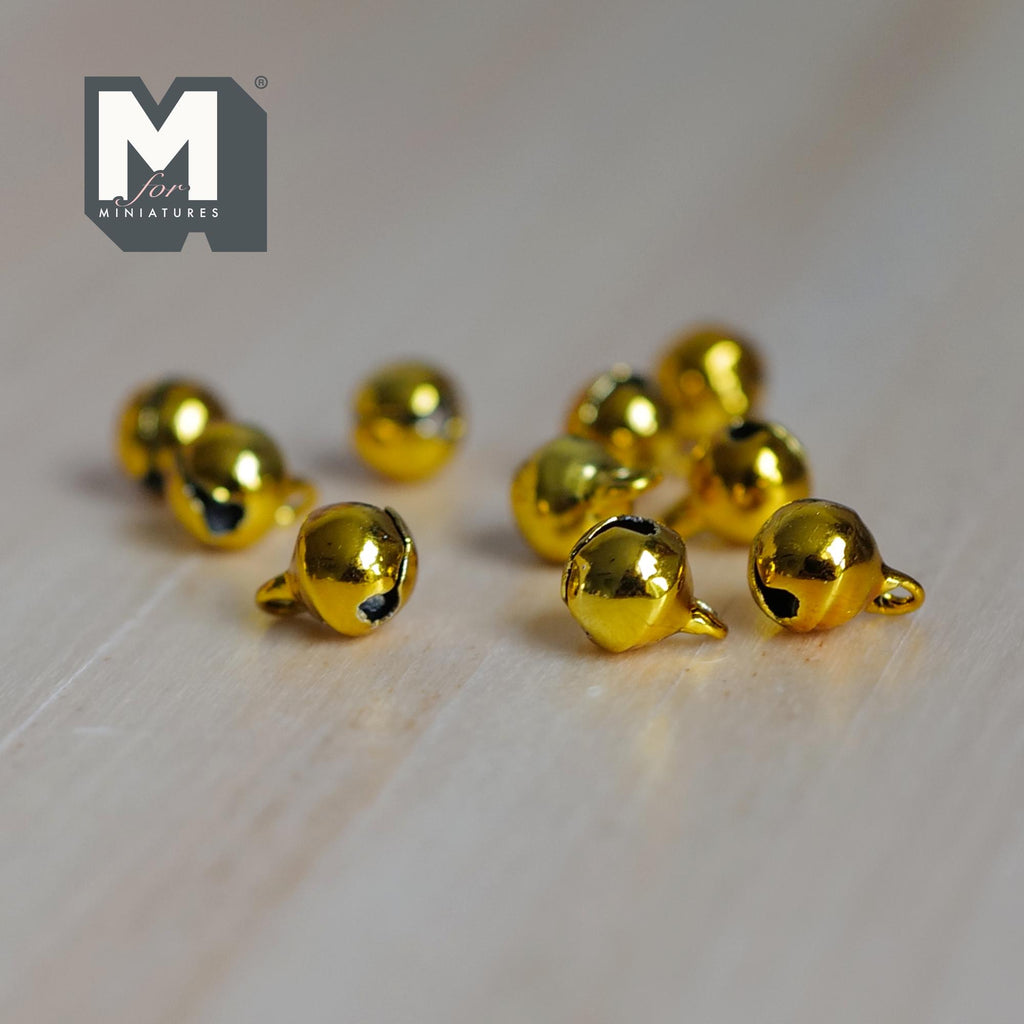 1:12 Scale Miniature Jingle Bells, Set of 10, Metal Globe Bells with Loop, 1/4 inch Diameter, DIY Dollhouse Supply (gold tone)