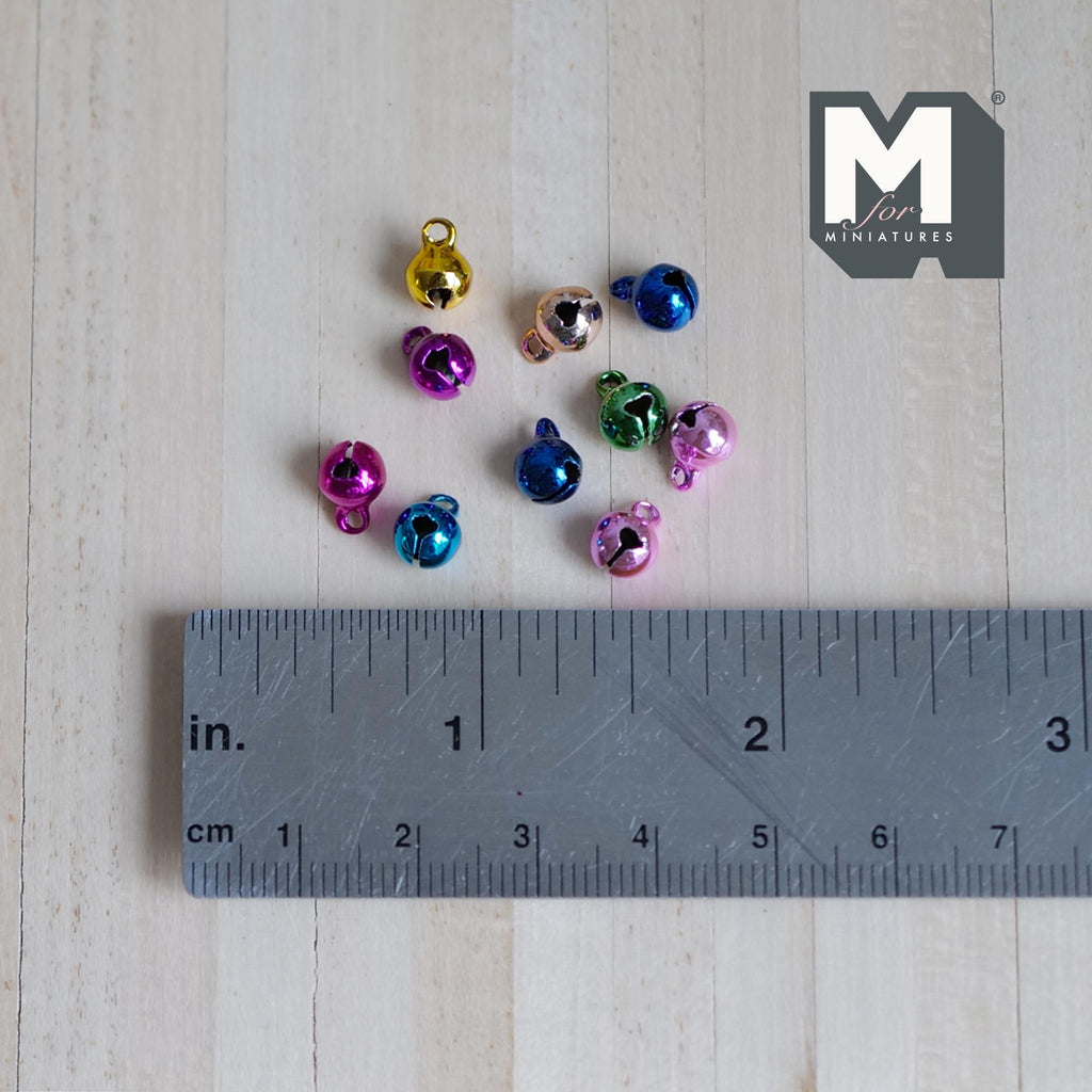 1:12 Scale Miniature Globe Christmas Bells, Set of 10, 1/4 inch dia., DIY Dollhouse Supply (multi color) (metal plated)