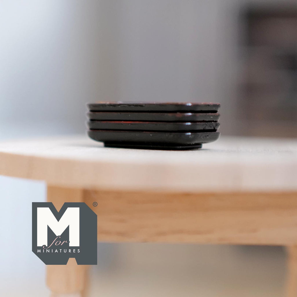 1:12 Scale Miniature Rectangular Plates, Set of 4, 1-1/16 inch long, DIY Dollhouse Supply (black with brown rim)