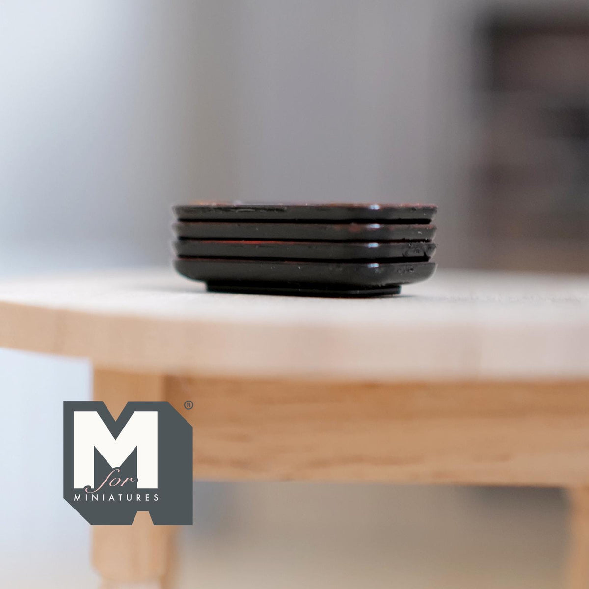 1:12 Scale Miniature Rectangular Plates, Set of 4, 1-1/16 inch long, DIY Dollhouse Supply (black with brown rim)