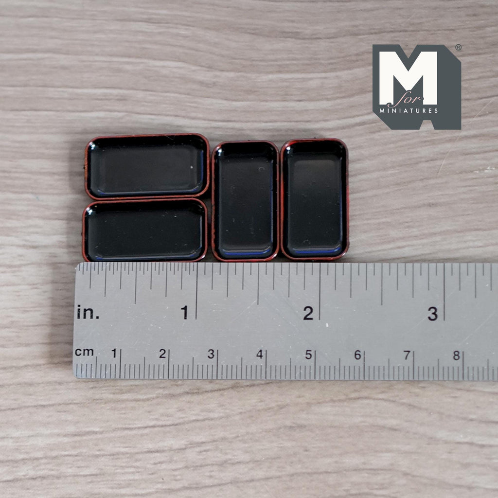 1:12 Scale Miniature Rectangular Plates, Set of 4, 1-1/16 inch long, DIY Dollhouse Supply (black with brown rim)