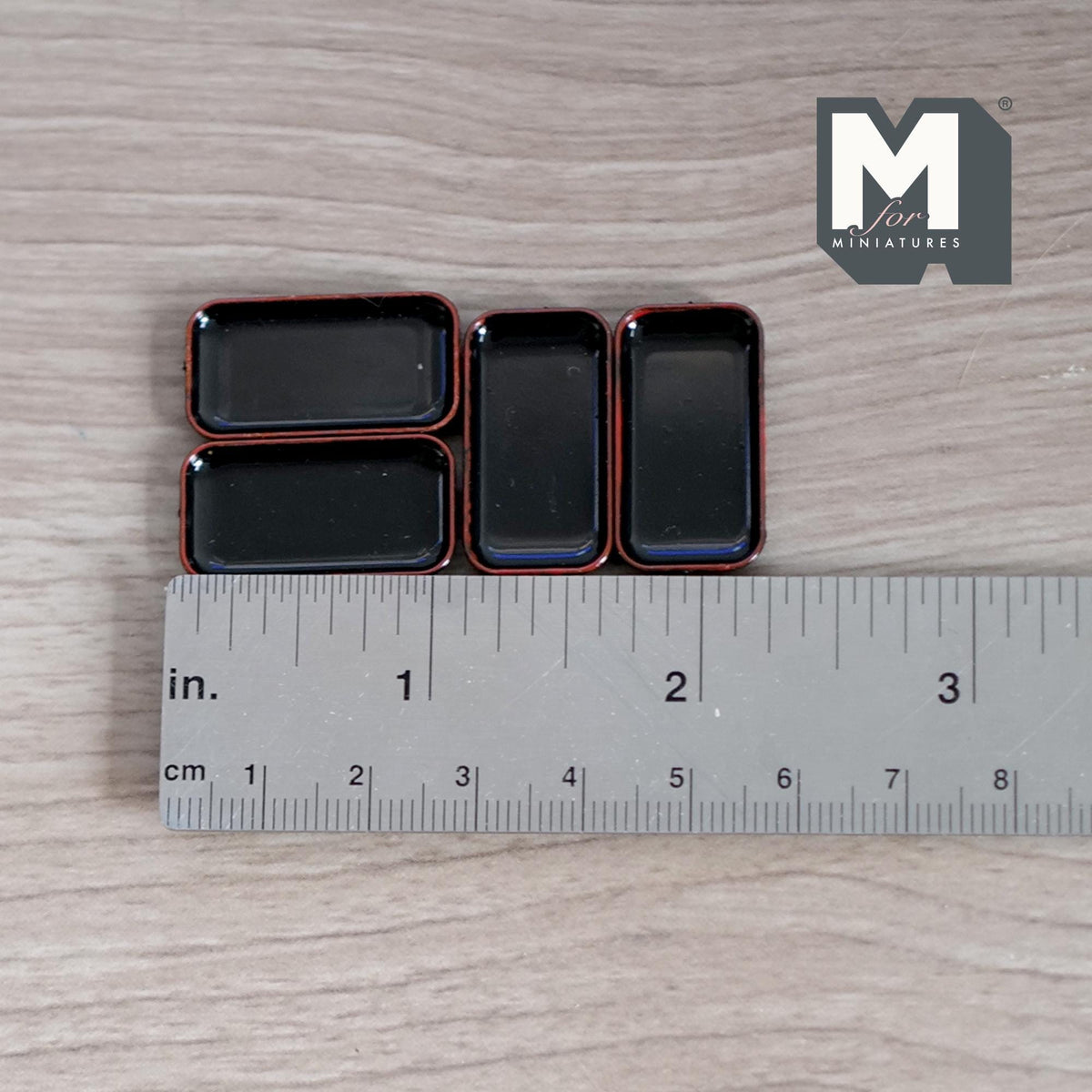 1:12 Scale Miniature Rectangular Plates, Set of 4, 1-1/16 inch long, DIY Dollhouse Supply (black with brown rim)