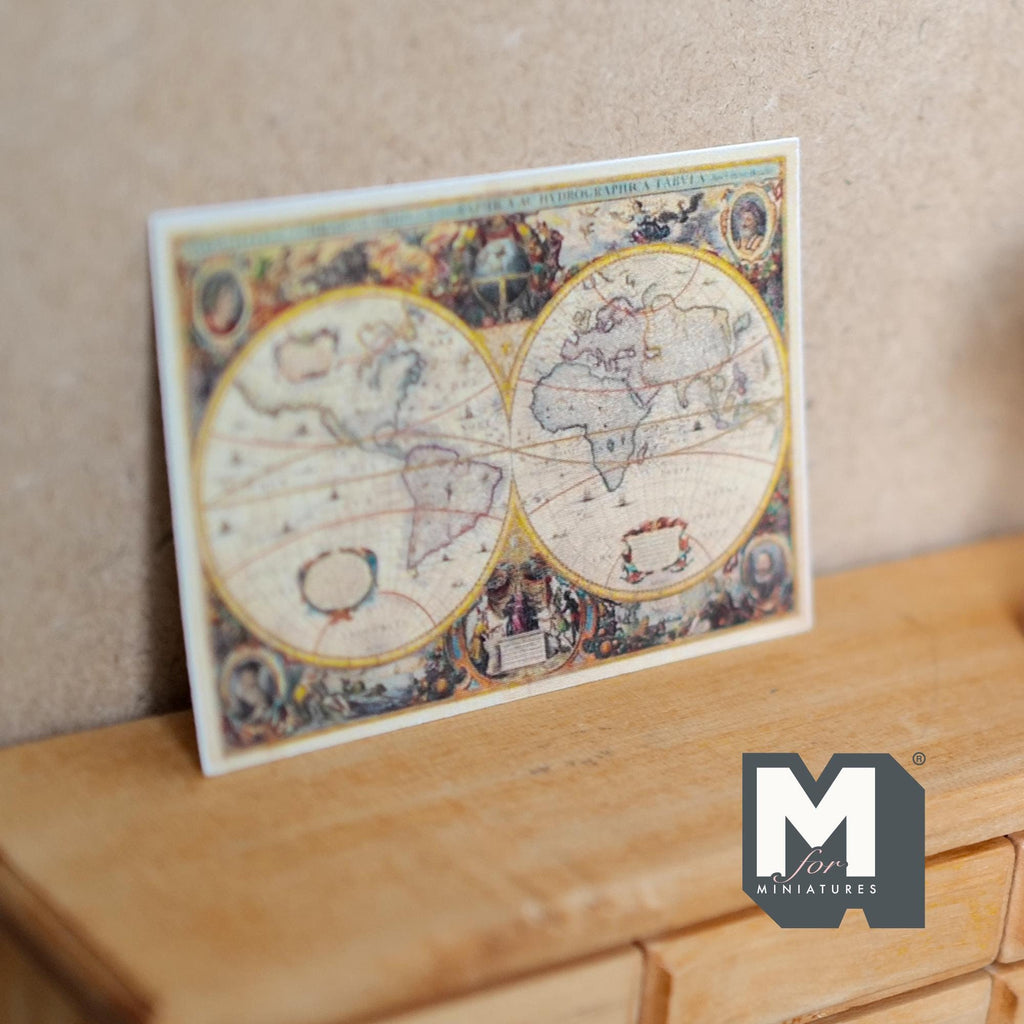 1:12 Scale Miniature World Map Print, Two Hemispheres, 2-3/4 inch wide, DIY Dollhouse Supply (cardstock)