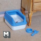 Dollhouse Miniature Litter Box with Lid, Scoop, Bowl, fake Litter and Poop Style Blue