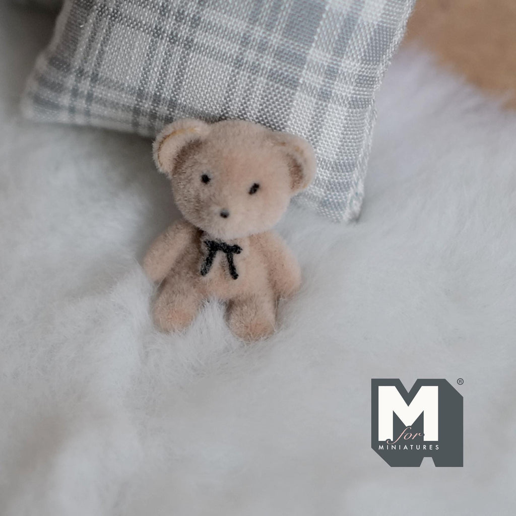 1:12 Scale Miniature Bear Cub Doll with Bow Tie, 13/16 inch tall, DIY Dollhouse Supply (flocked skin) (beige)