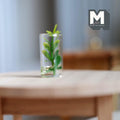 1:12 scale miniature green leafy plant cutting in a clear glass of water, shown on a round wood table