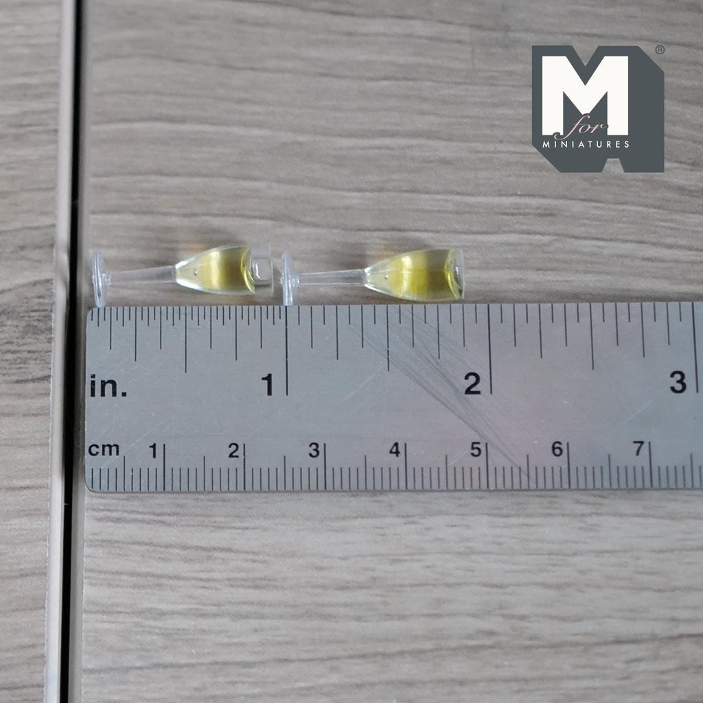 Miniature Sparkling Wine Glasses 1:12 Scale Dollhouse Supplies White Wine Set of 2 , 7/8 inch tall  - E084