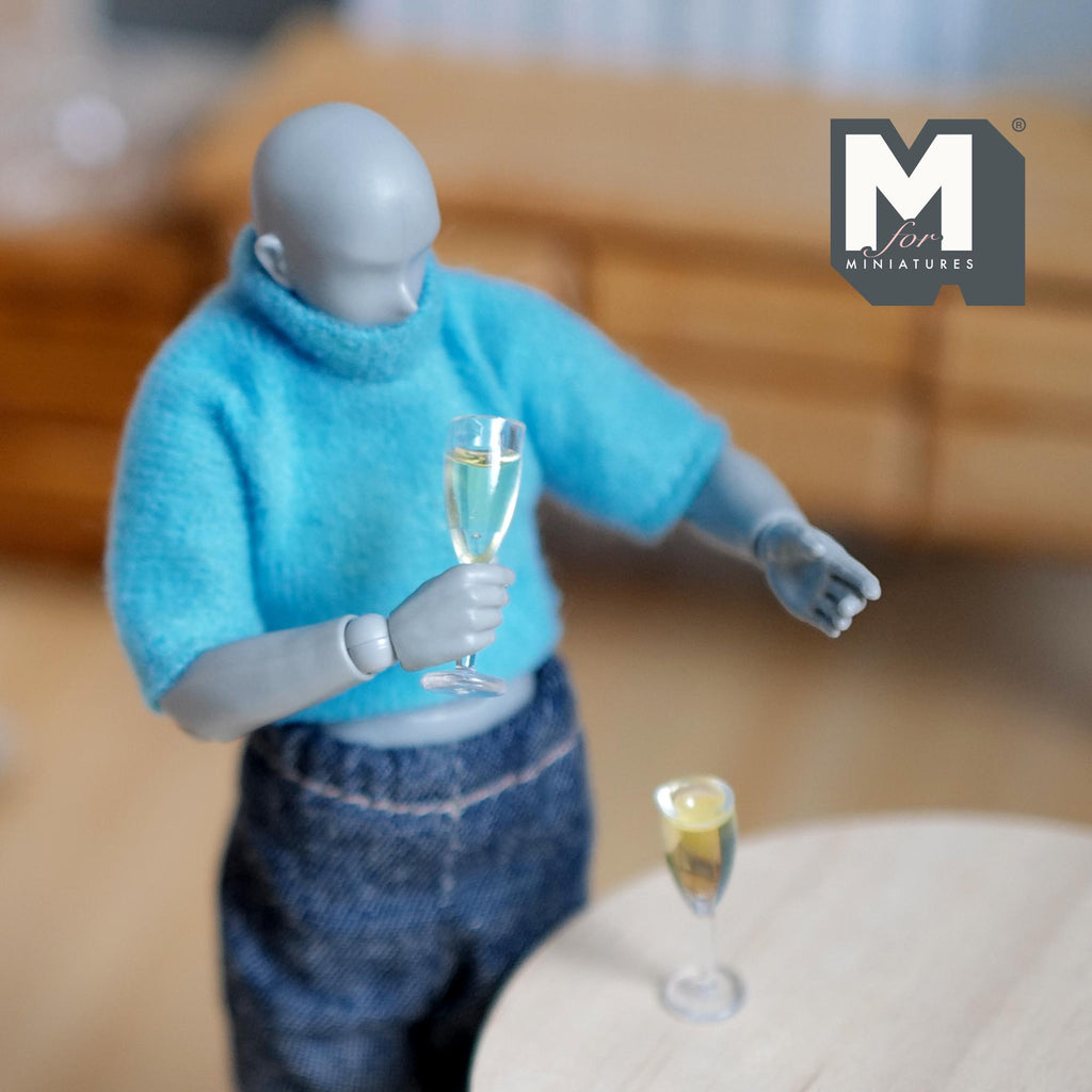 Miniature Sparkling Wine Glasses 1:12 Scale Dollhouse Supplies White Wine Set of 2 , 7/8 inch tall  - E084