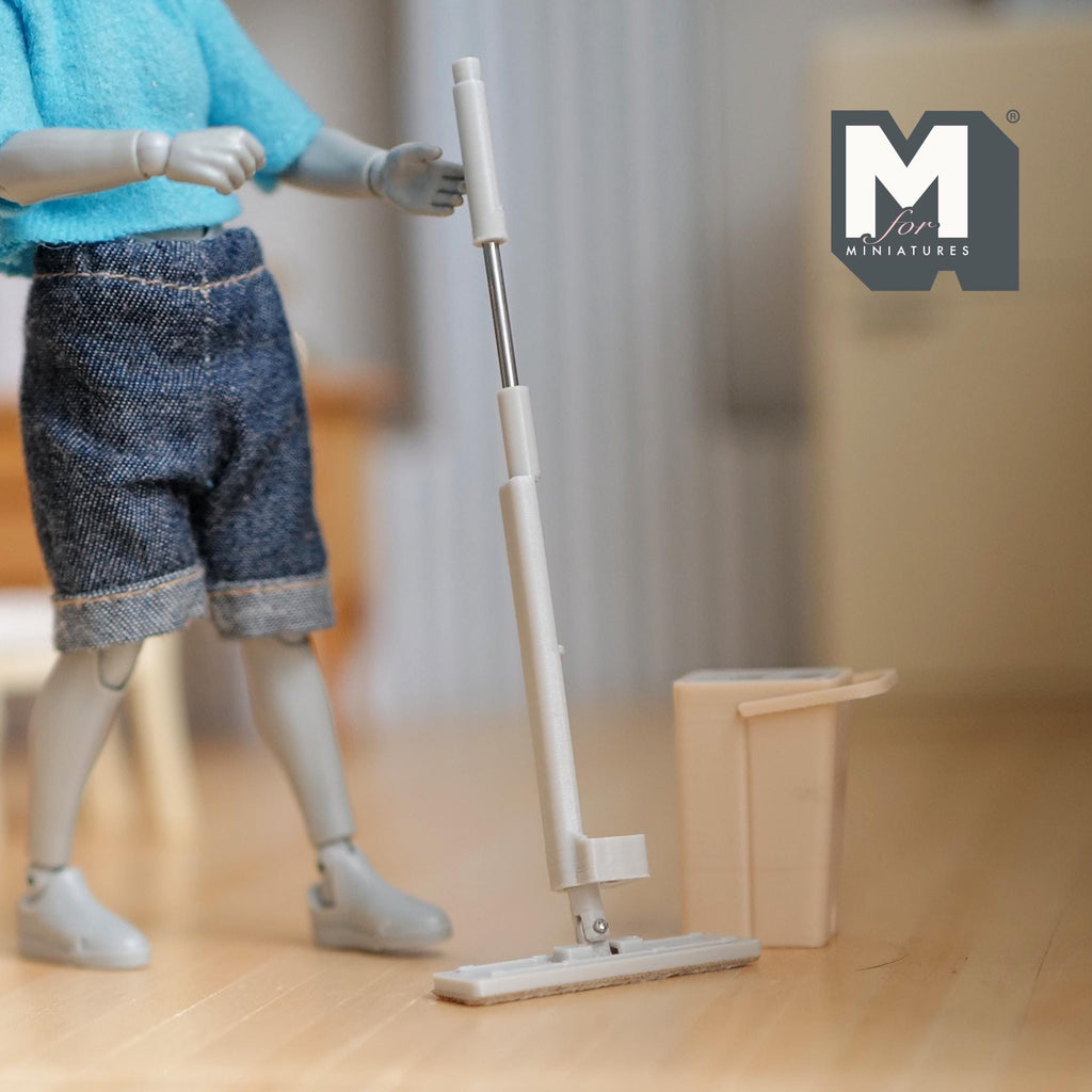 1:12 Scale Miniature Flat Floor Mop and Bucket, Set of 2, 4-1/4 inch long, DIY Dollhouse Supply (light beige gray)