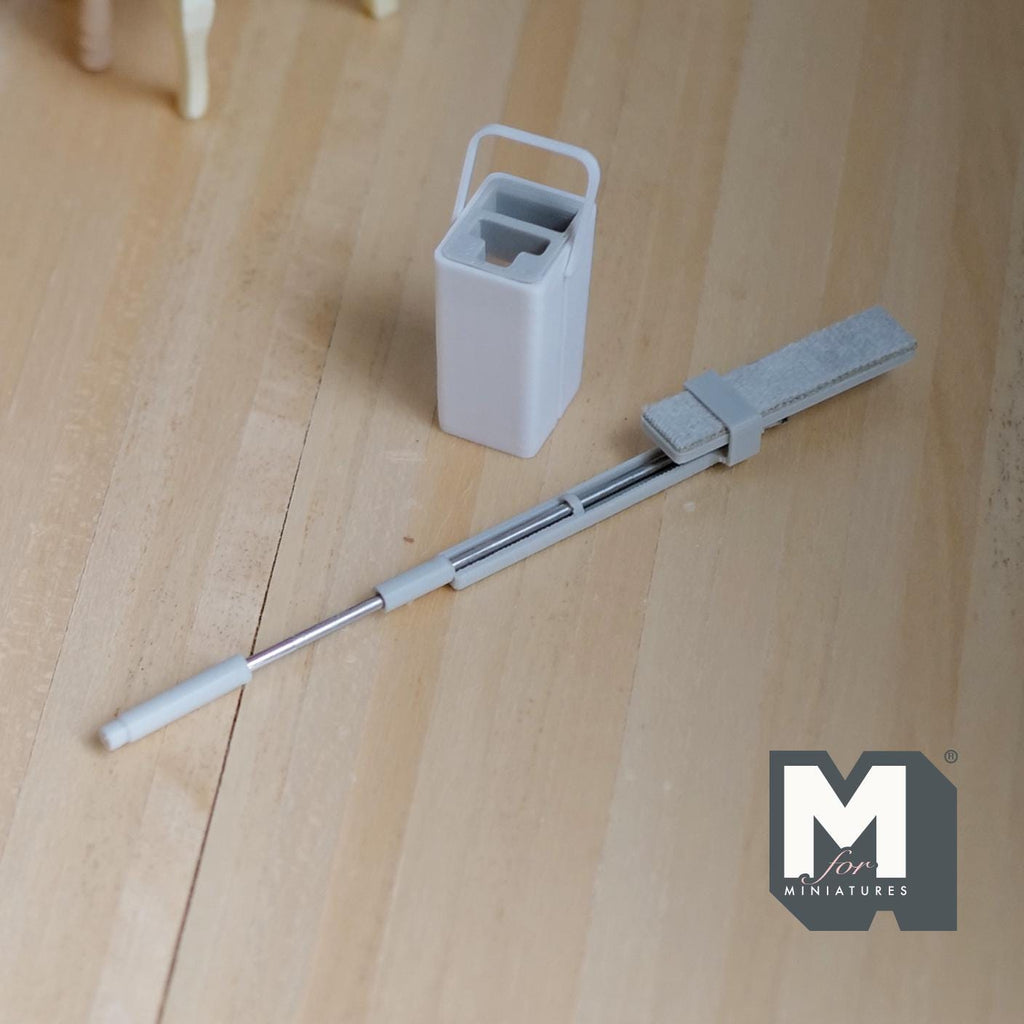 1:12 Scale Miniature Flat Floor Mop and Bucket, Set of 2, 4-1/4 inch long, DIY Dollhouse Supply (white)