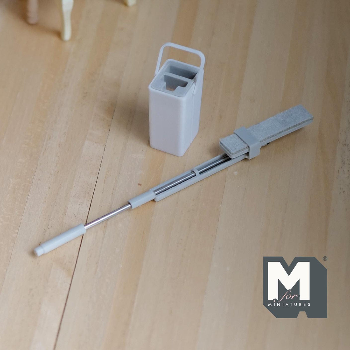 1:12 Scale Miniature Flat Floor Mop and Bucket, Set of 2, 4-1/4 inch long, DIY Dollhouse Supply (white)