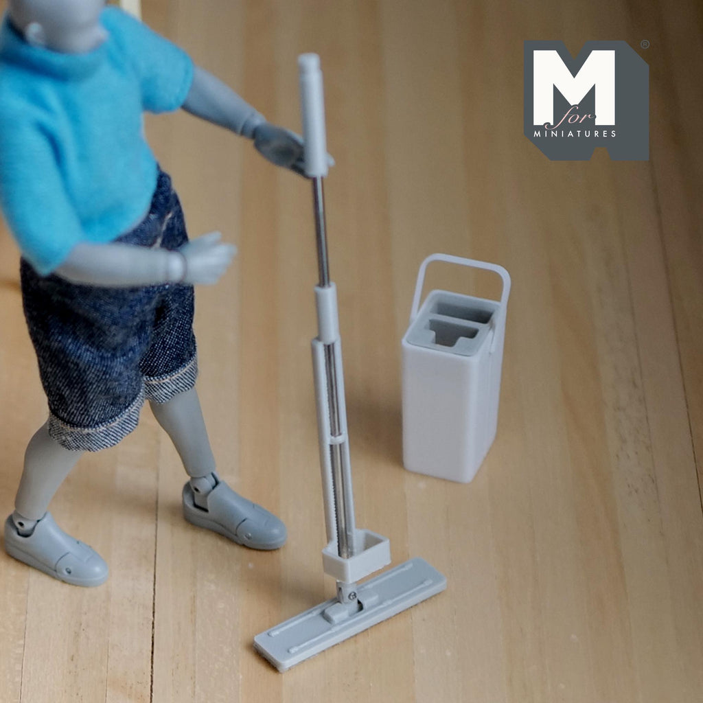 1:12 Scale Miniature Flat Floor Mop and Bucket, Set of 2, 4-1/4 inch long, DIY Dollhouse Supply (white)