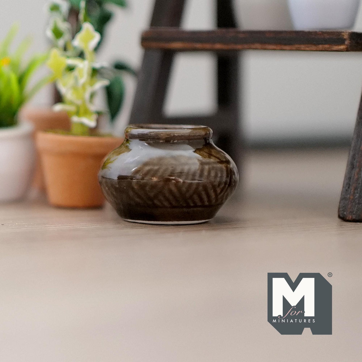 1:12 Scale Miniature Ceramic Flower Pot with Speckled Glaze, 13/16 inch tall, DIY Dollhouse Supply (brown)