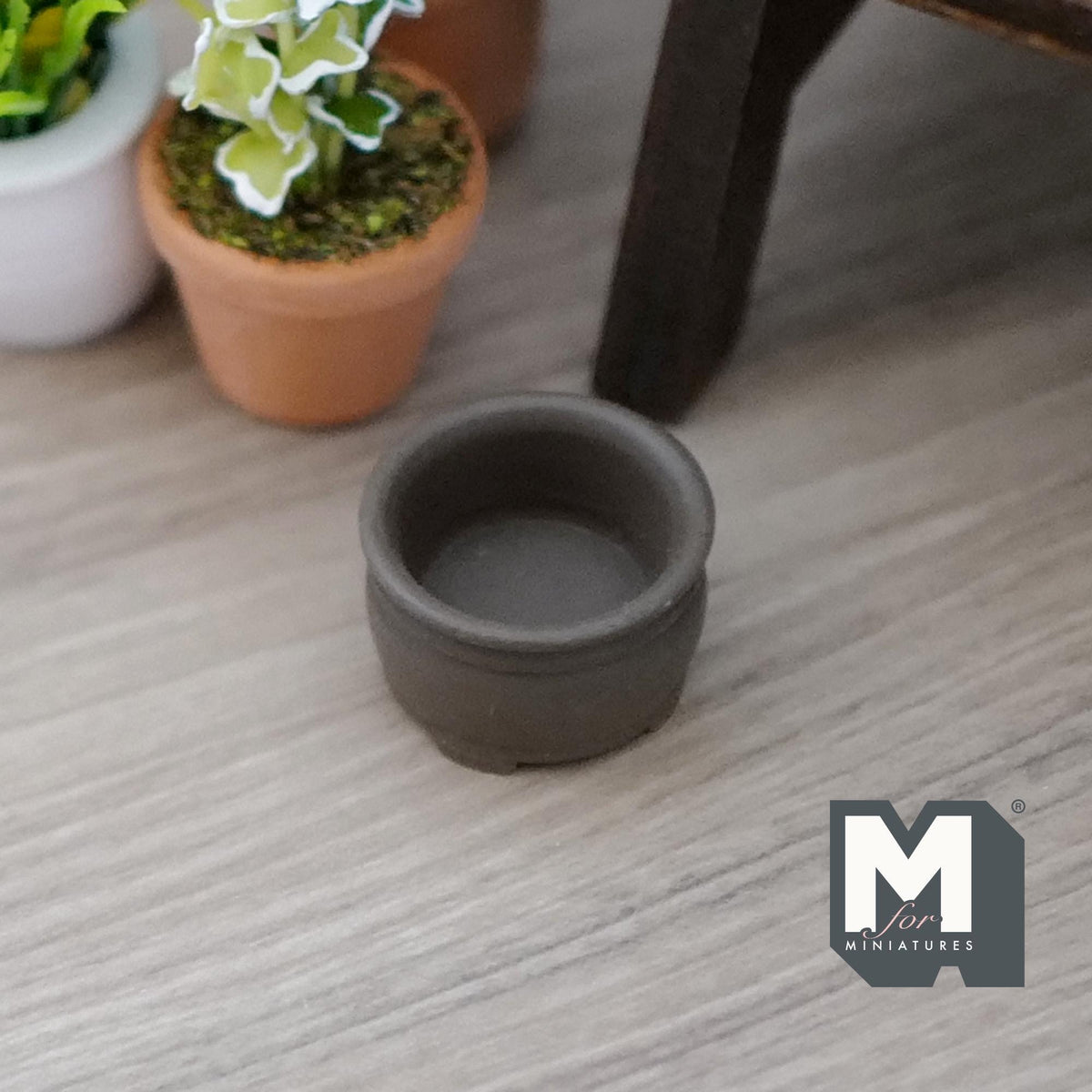 1:12 Scale Miniature Clay Tree Pot, Short Round, 3/4 inch dia., DIY Dollhouse Supply (dark gray)