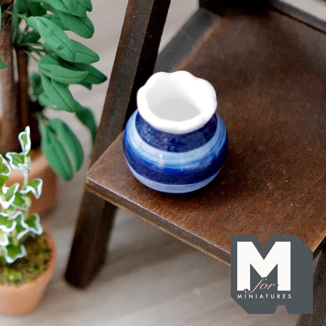 1:12 Scale Miniature Two Tone Ceramic Flower Pot, Banded, 7/8 inch tall, DIY Dollhouse Supply (light and dark blue)
