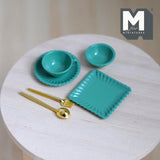 Dollhouse Supplies Tableware Set of 6 , 1:12 Scale Miniature Flatware Utensils Cup Bowl and Plates (metal) (green) - C041