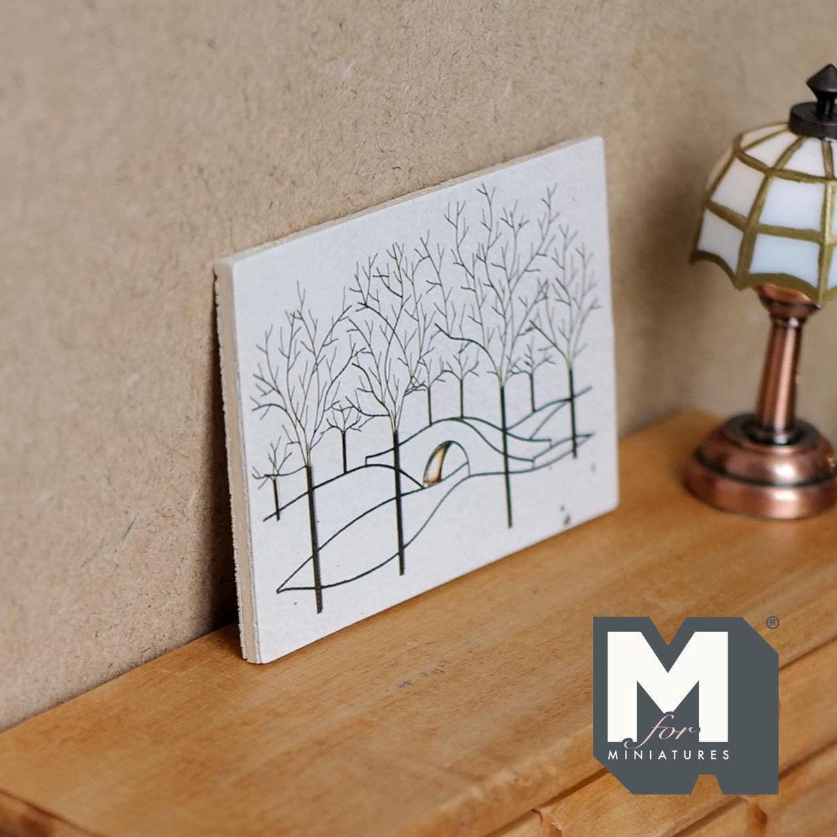 1:12 Scale Miniature Painting, Leafless Trees and Bridge, Wood Backing, 2-9/16 inch wide, DIY Dollhouse Supply (black and white)
