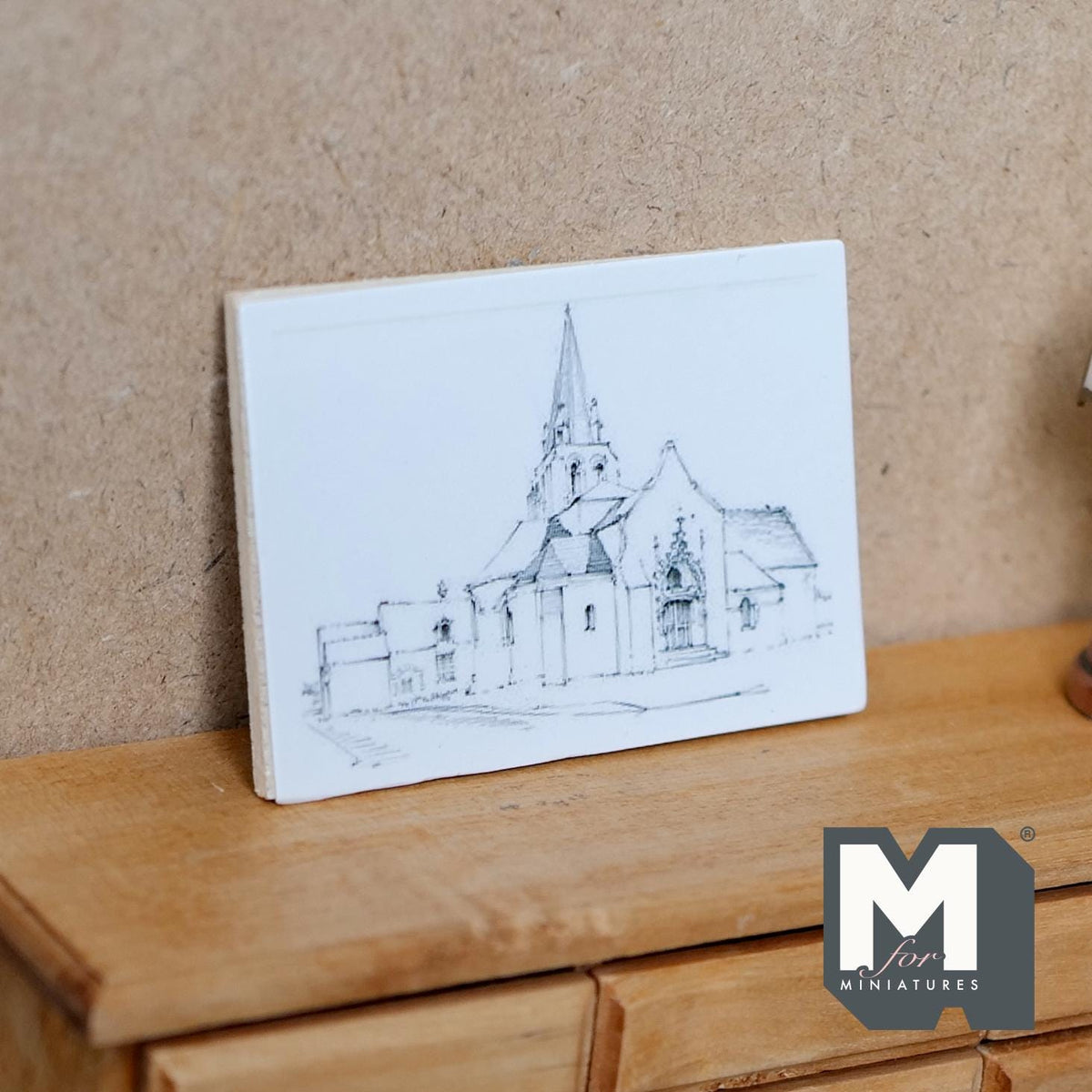 1:12 Scale Miniature Chapel Sketch Print, 2-9/16 inch wide, DIY Dollhouse Supply