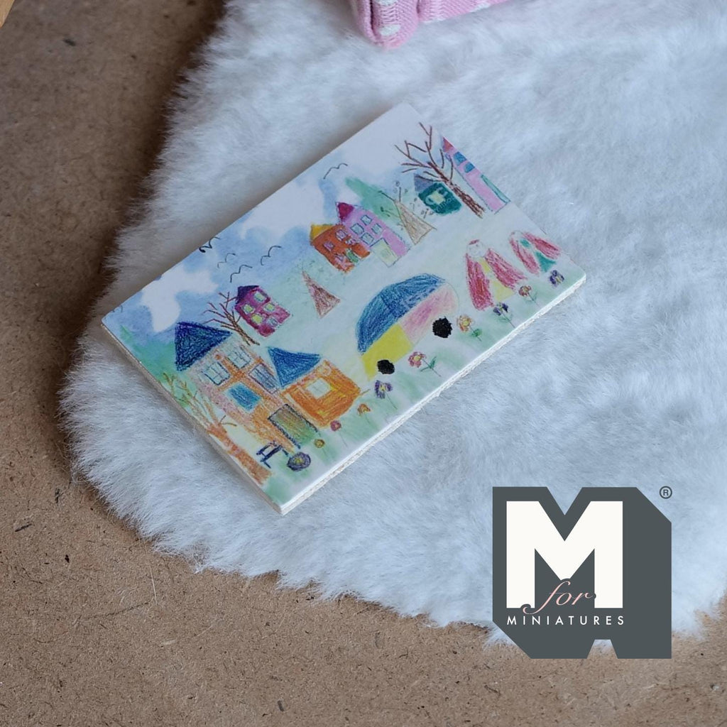 1:12 Scale Miniature Kid's Drawing Picture of Village Houses, Wood Backing, 2-9/16 inch wide, DIY Dollhouse Supply