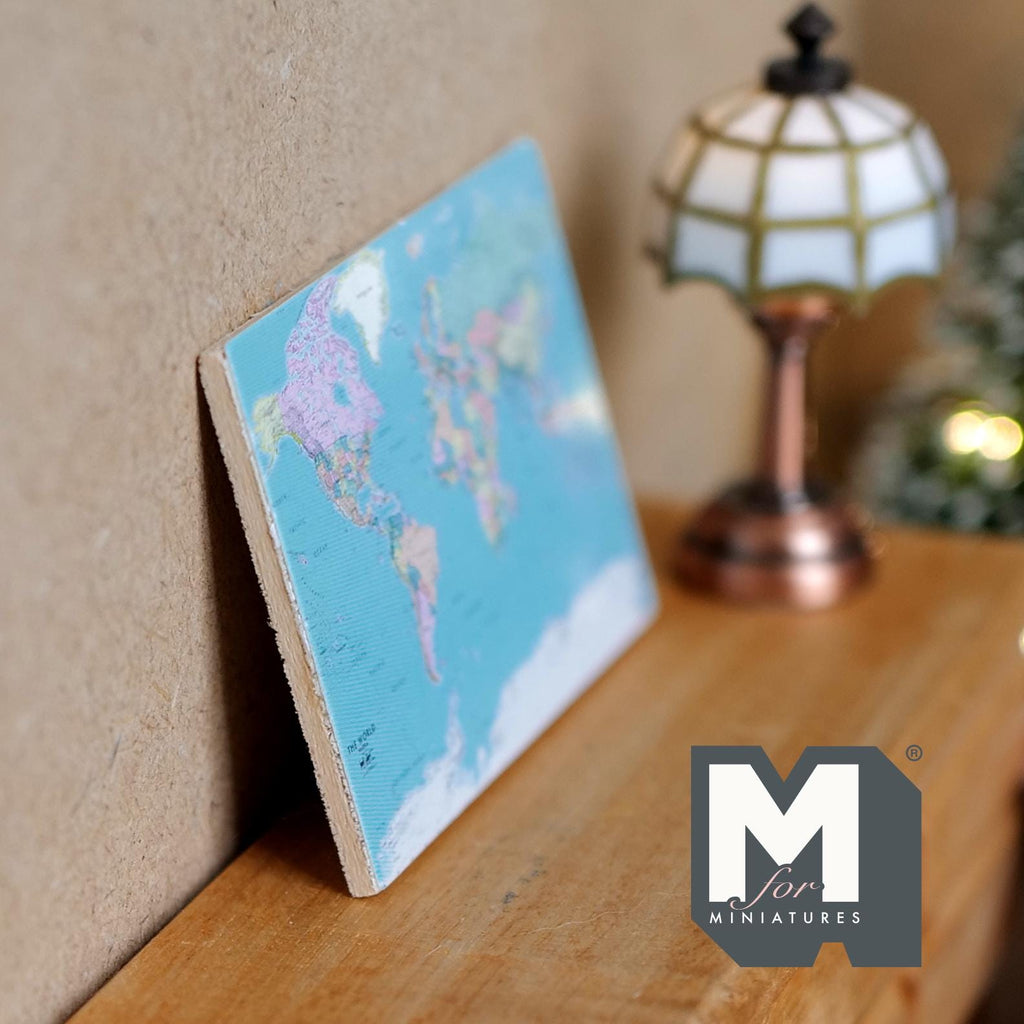 1:12 Scale Miniature World Map with Wood Backing, 2-9/16 inch wide, DIY Dollhouse Supply