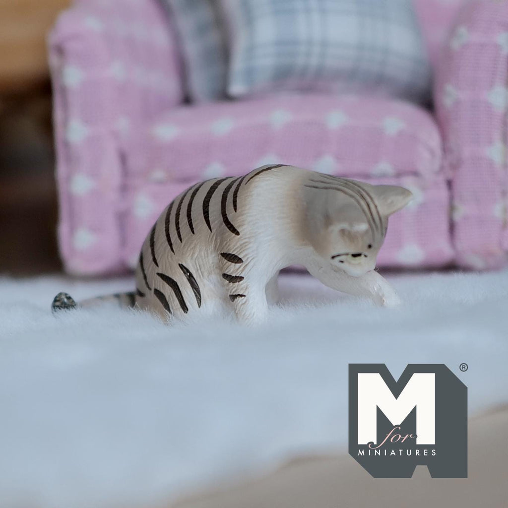 1:12 Scale Miniature Gray Tabby Cat, Lying Stretched Out, 2-3/16 inch long, DIY Dollhouse Supply