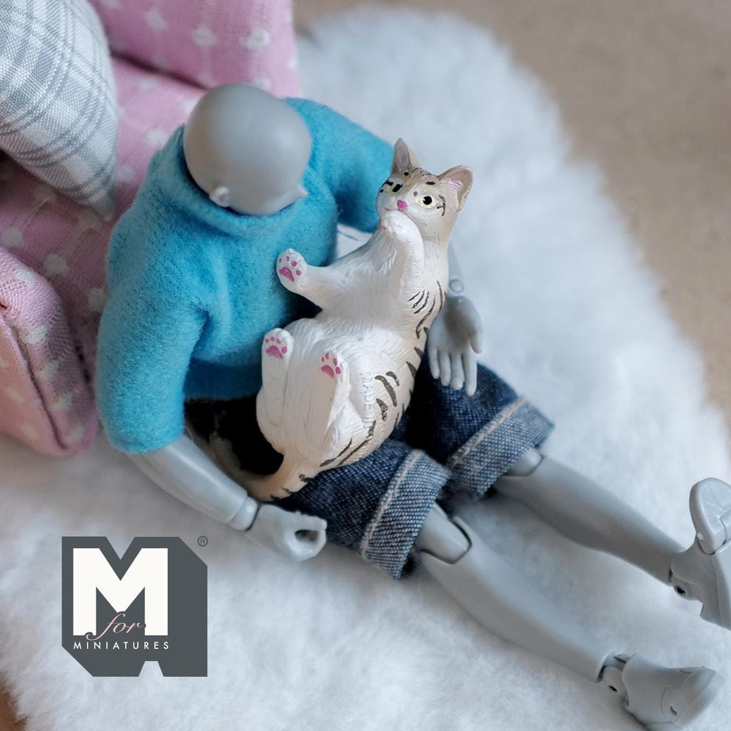 1:12 Scale Miniature Gray Tabby Cat, Lying Stretched Out, 2-3/16 inch long, DIY Dollhouse Supply