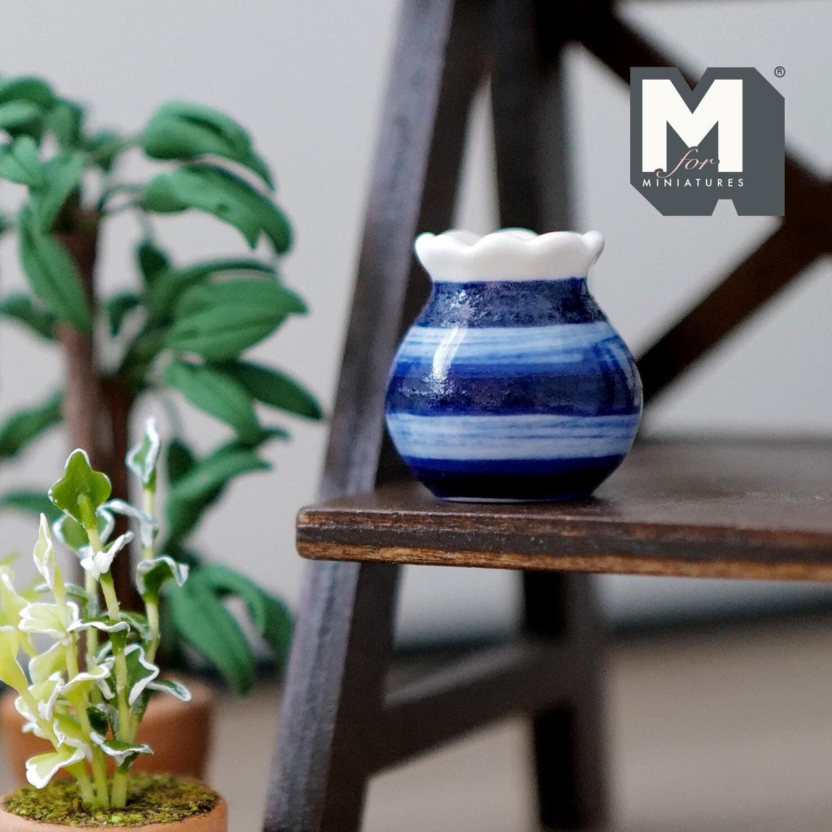 1:12 Scale Miniature Two Tone Ceramic Flower Pot, Banded, 7/8 inch tall, DIY Dollhouse Supply (light and dark blue)