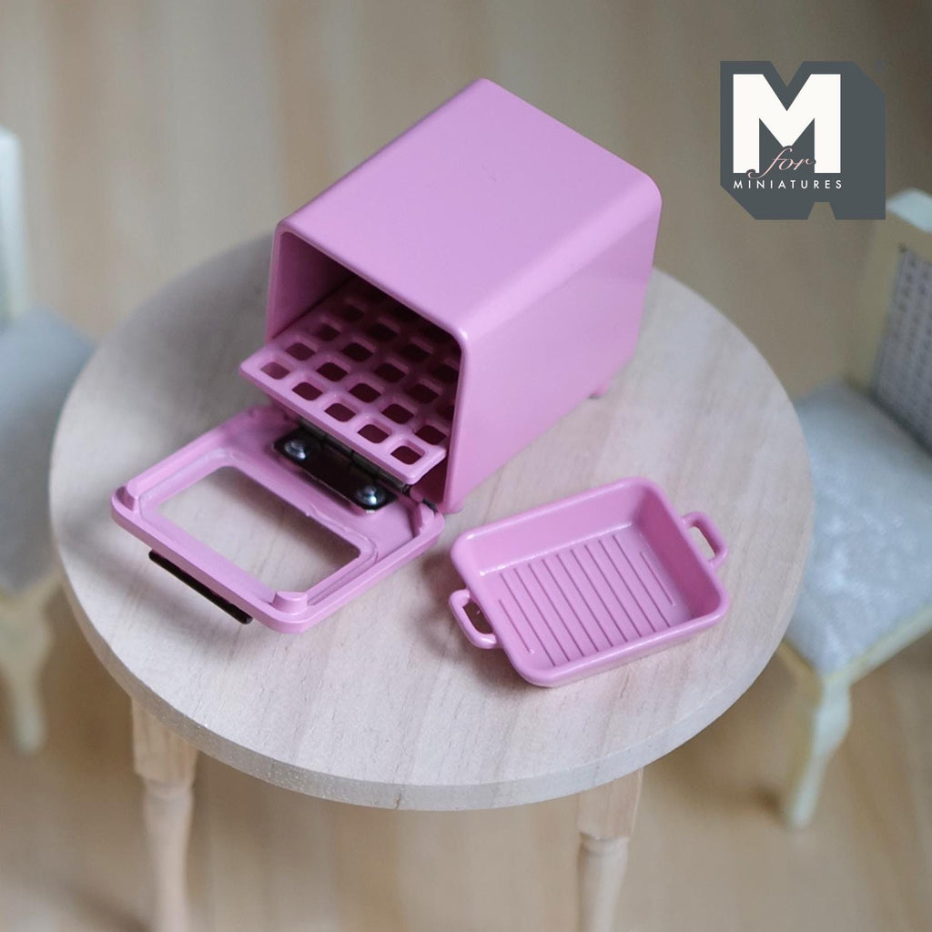 1:12 Scale Miniature Metal Toaster Oven with Clear Door, 1-1/8 inch wide, DIY Dollhouse Supply (pink)