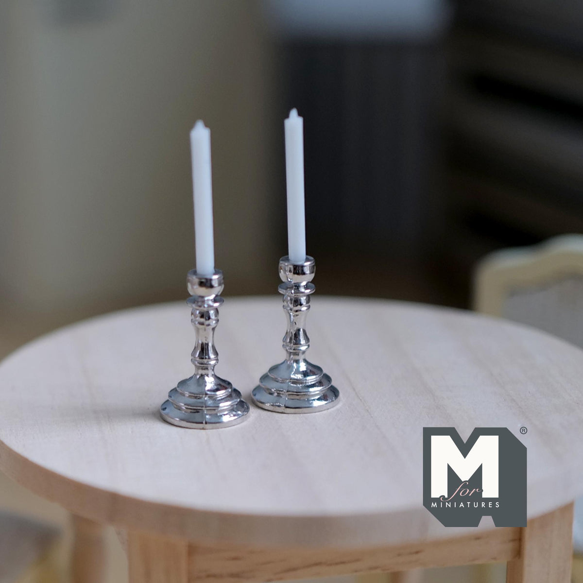 1:12 Scale Miniature Metal Candlestick Holders with Candles, Round Base, Set of 2, 1-9/16 inch tall, DIY Dollhouse Supply (silver)