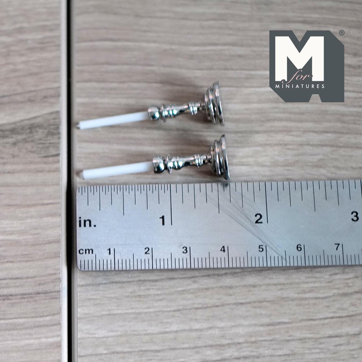 1:12 Scale Miniature Metal Candlestick Holders with Candles, Round Base, Set of 2, 1-9/16 inch tall, DIY Dollhouse Supply (silver)