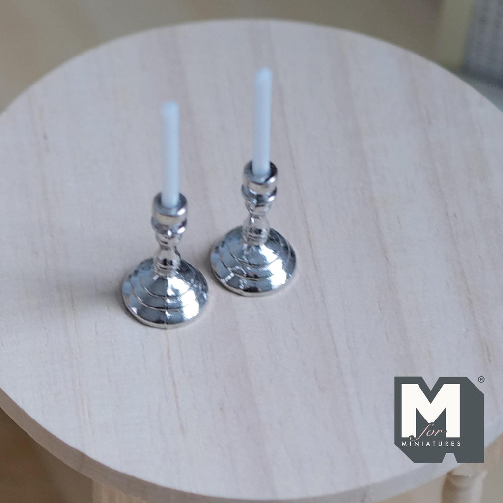 1:12 Scale Miniature Metal Candlestick Holders with Candles, Round Base, Set of 2, 1-9/16 inch tall, DIY Dollhouse Supply (silver)