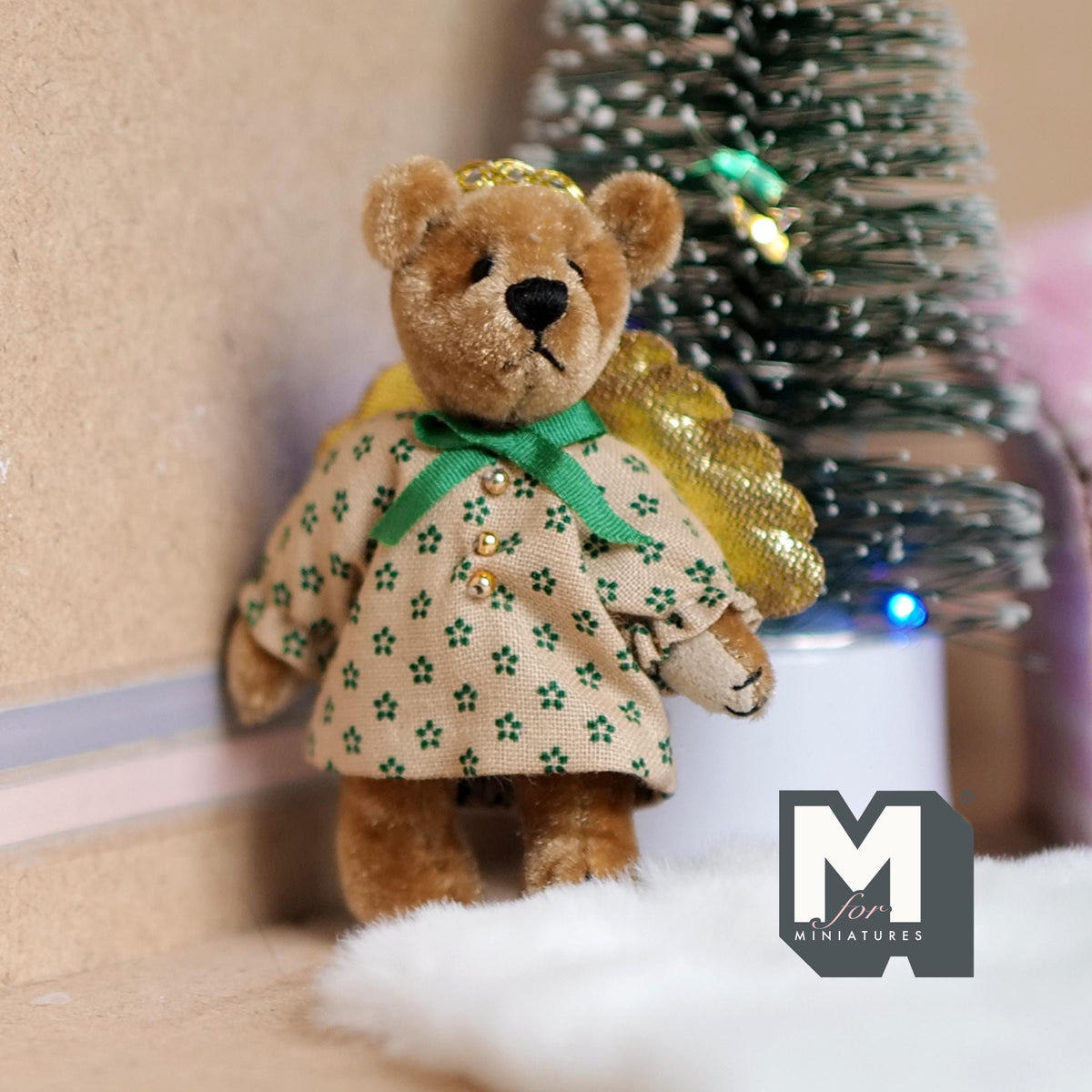 1:12 Scale Miniature Plush Angel Bear, Floral Dress and Gold Wings, 2-1/2 inch tall, DIY Dollhouse Supply