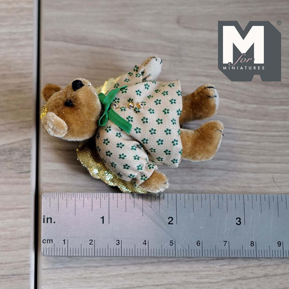 1:12 Scale Miniature Plush Angel Bear, Floral Dress and Gold Wings, 2-1/2 inch tall, DIY Dollhouse Supply