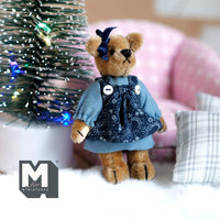 Miniature Plush Bear in One-Piece Dress Shoulder Straps and Hair Ribbon 1:12 Dollhouse Push Bear 2-5/8 inch tall (from WMB) (blue) - H047