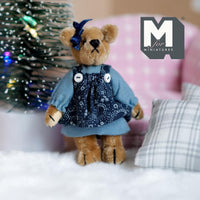 Miniature Plush Bear in One-Piece Dress Shoulder Straps and Hair Ribbon 1:12 Dollhouse Push Bear 2-5/8 inch tall (from WMB) (blue) - H047