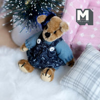 Miniature Plush Bear in One-Piece Dress Shoulder Straps and Hair Ribbon 1:12 Dollhouse Push Bear 2-5/8 inch tall (from WMB) (blue) - H047