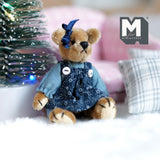 Miniature Plush Bear in One-Piece Dress Shoulder Straps and Hair Ribbon 1:12 Dollhouse Push Bear 2-5/8 inch tall (from WMB) (blue) - H047