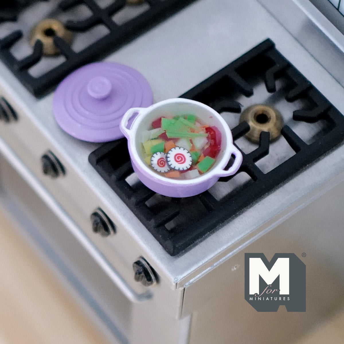 1:12 Scale Miniature Vegetable Soup in Metal Pot with Lid, 3/4 inch dia., DIY Dollhouse Supply (purple)